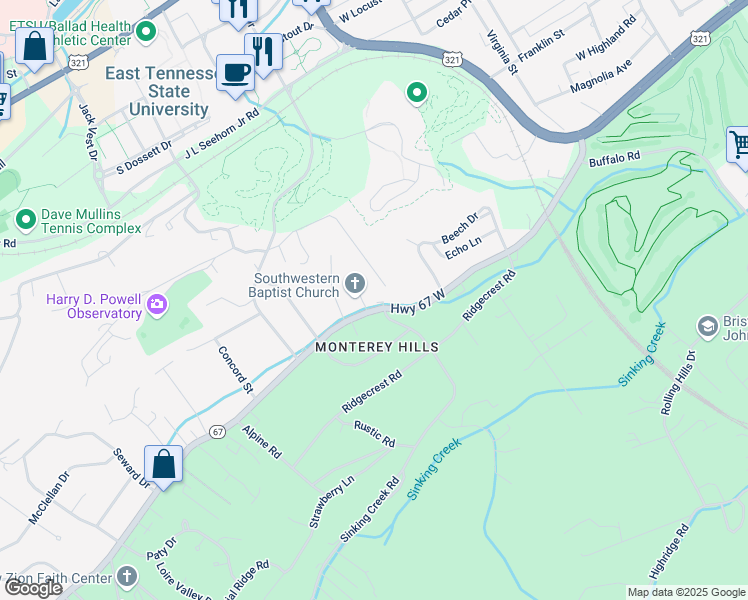 map of restaurants, bars, coffee shops, grocery stores, and more near 1102 Cherokee Road in Johnson City