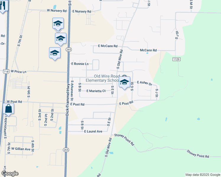 map of restaurants, bars, coffee shops, grocery stores, and more near 425 East Marietta Court in Rogers