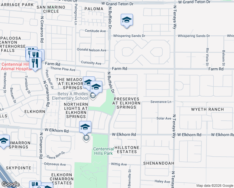 map of restaurants, bars, coffee shops, grocery stores, and more near 7411 Thornbuck in Las Vegas
