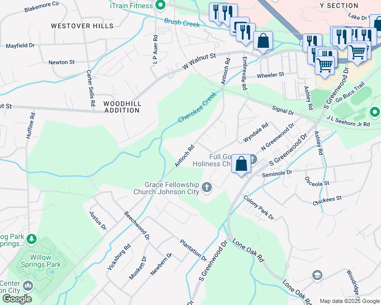 map of restaurants, bars, coffee shops, grocery stores, and more near 1105 Antioch Road in Johnson City