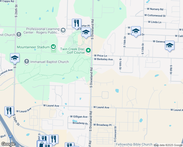 map of restaurants, bars, coffee shops, grocery stores, and more near 3743 South Dixieland Road in Rogers