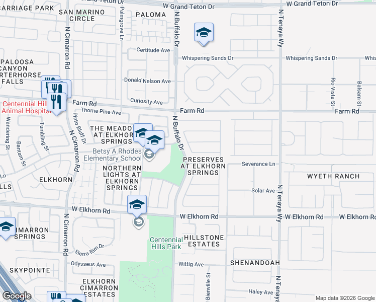 map of restaurants, bars, coffee shops, grocery stores, and more near 7411 Thornbuck in Las Vegas