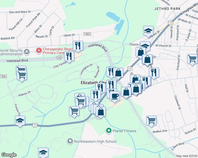 map of restaurants, bars, coffee shops, grocery stores, and more near 416 Bonner Drive in Elizabeth City