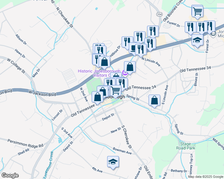 map of restaurants, bars, coffee shops, grocery stores, and more near 112 East College Street in Jonesborough