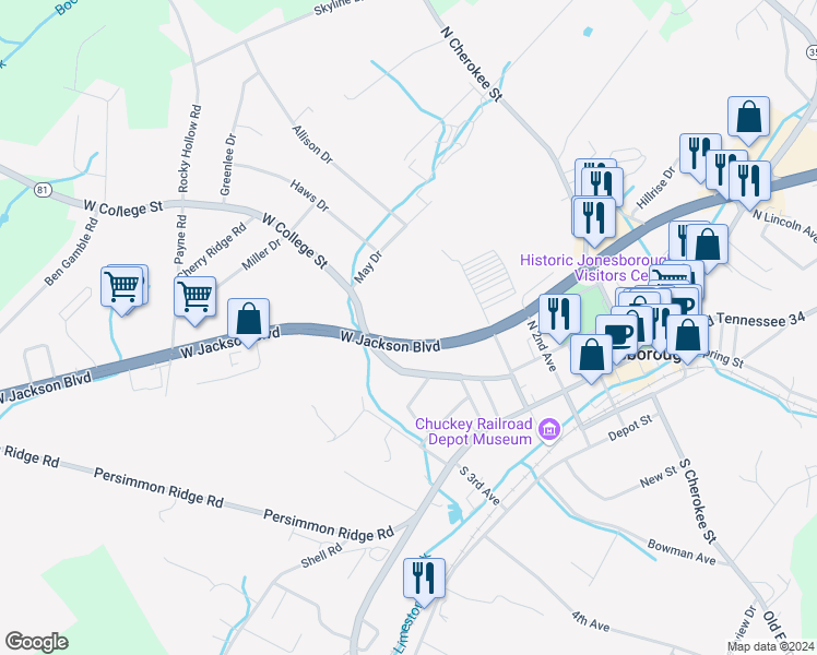 map of restaurants, bars, coffee shops, grocery stores, and more near 420 West Jackson Boulevard in Jonesborough