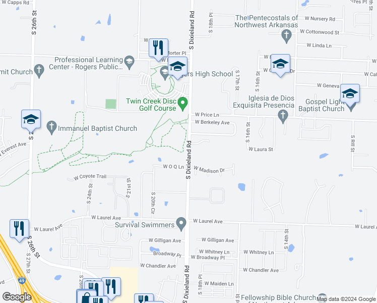 map of restaurants, bars, coffee shops, grocery stores, and more near 2323 South Dixieland Road in Rogers
