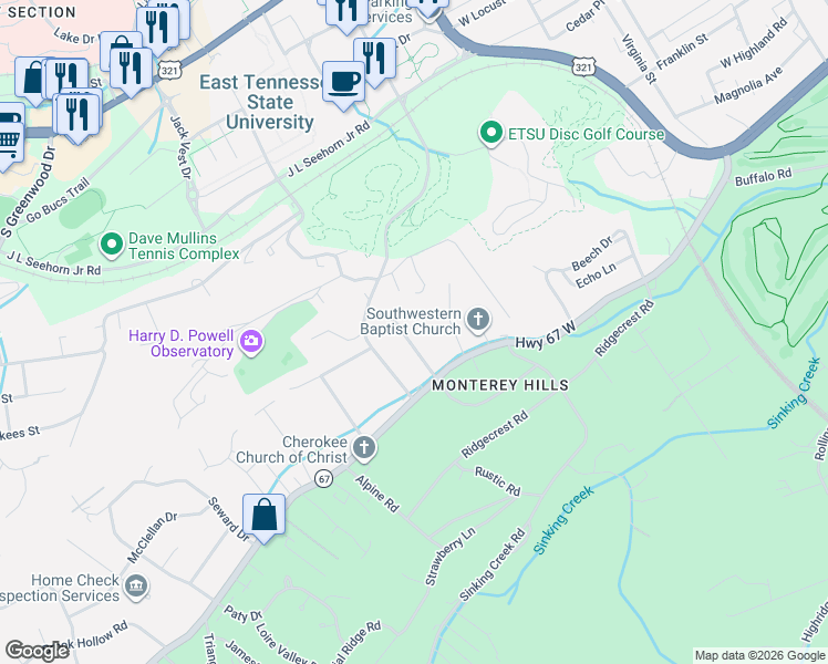 map of restaurants, bars, coffee shops, grocery stores, and more near 1701 Galen Drive in Johnson City