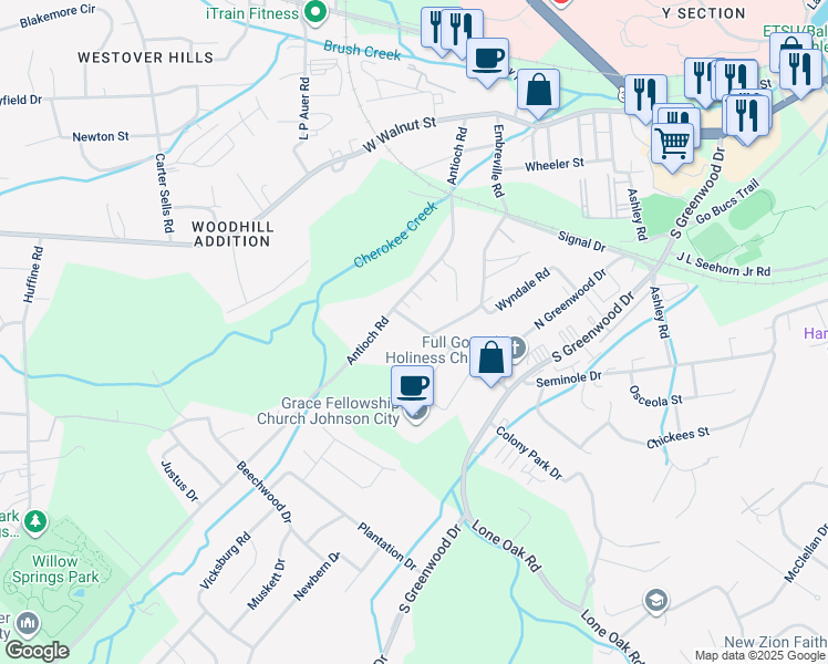 map of restaurants, bars, coffee shops, grocery stores, and more near 2119 Seminole Drive in Johnson City