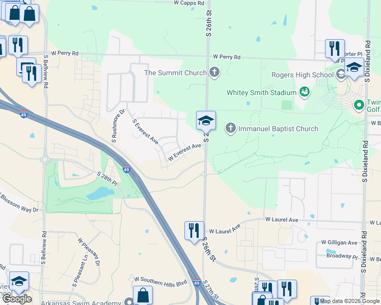 map of restaurants, bars, coffee shops, grocery stores, and more near 2609 West Olympus Drive in Rogers