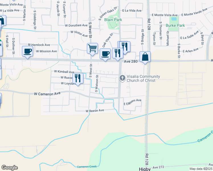 map of restaurants, bars, coffee shops, grocery stores, and more near 222 West Loyola Avenue in Visalia