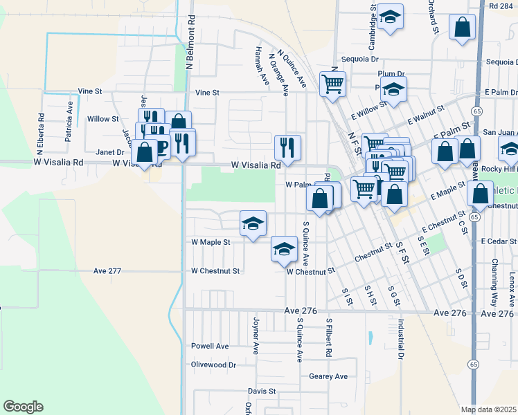 map of restaurants, bars, coffee shops, grocery stores, and more near 705 W Pine St in Exeter