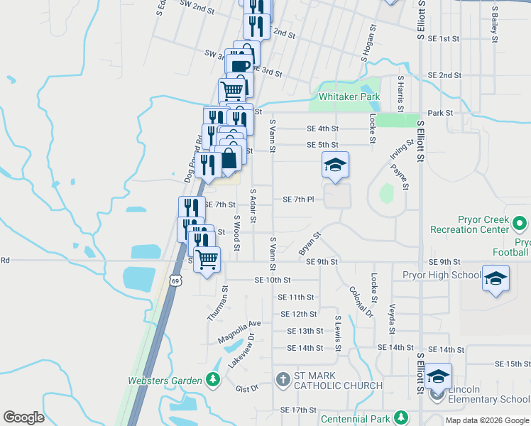 map of restaurants, bars, coffee shops, grocery stores, and more near 700 South Vann Street in Pryor