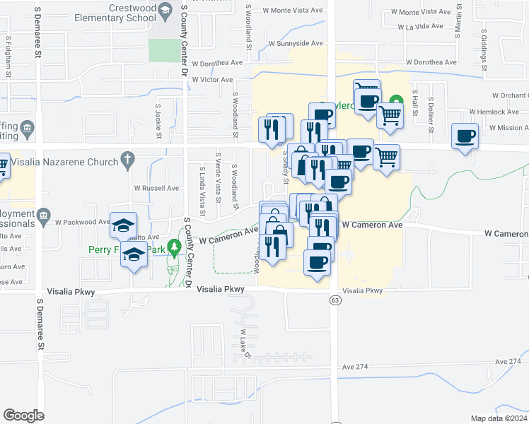map of restaurants, bars, coffee shops, grocery stores, and more near 3939 South Sallee Court in Visalia