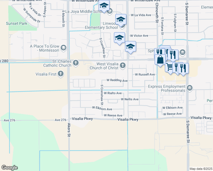 map of restaurants, bars, coffee shops, grocery stores, and more near 4806 West Concord Avenue in Visalia