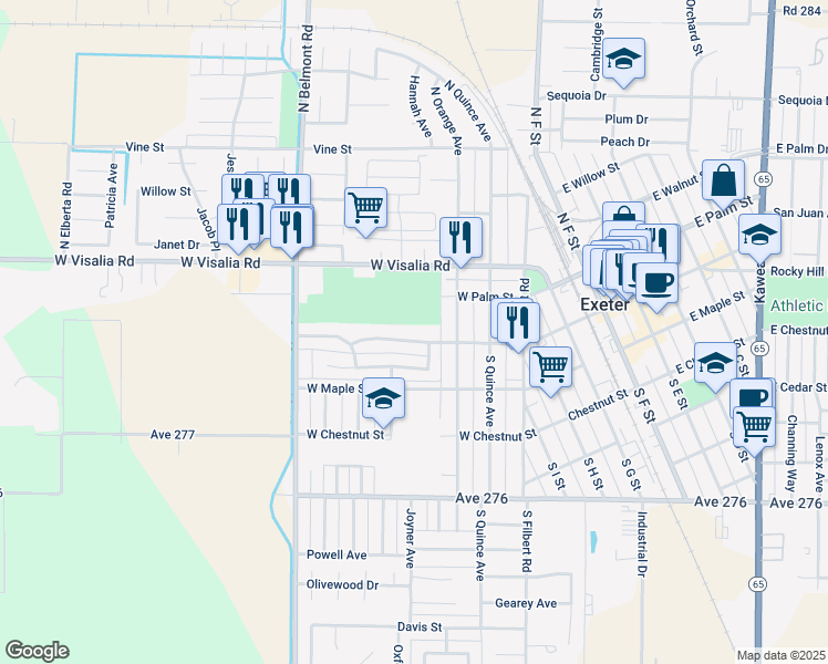 map of restaurants, bars, coffee shops, grocery stores, and more near 705 W Pine St in Exeter