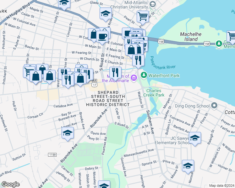 map of restaurants, bars, coffee shops, grocery stores, and more near 304 Shepard Street in Elizabeth City