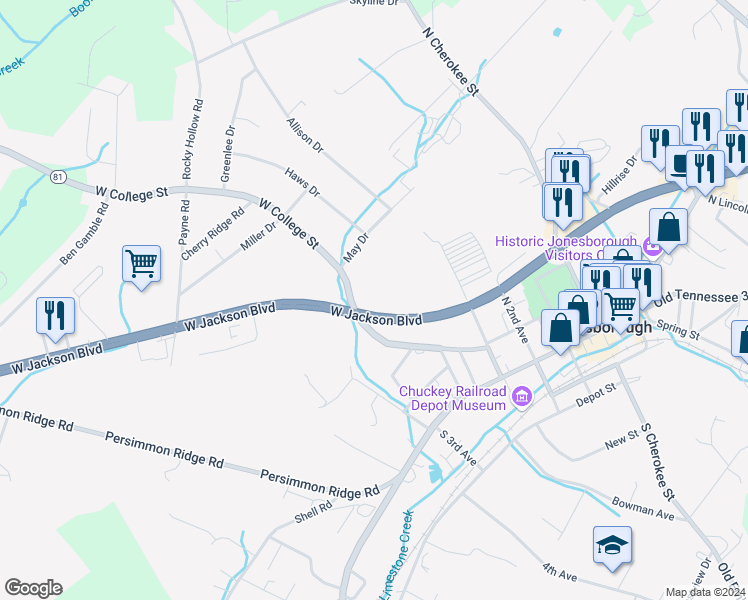 map of restaurants, bars, coffee shops, grocery stores, and more near 418 West College Street in Jonesborough