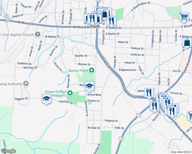 map of restaurants, bars, coffee shops, grocery stores, and more near 703 South Market Street in Paris