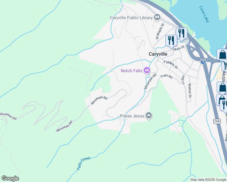 map of restaurants, bars, coffee shops, grocery stores, and more near 886 Mountain Road in Caryville