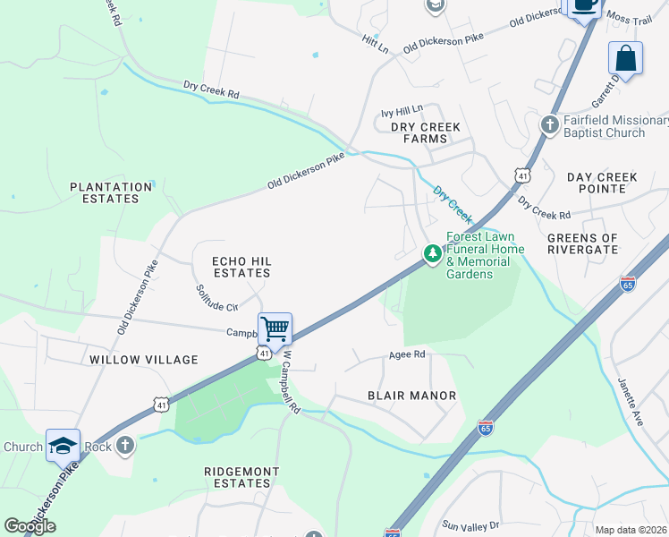 map of restaurants, bars, coffee shops, grocery stores, and more near 1219 Dickerson Road in Goodlettsville