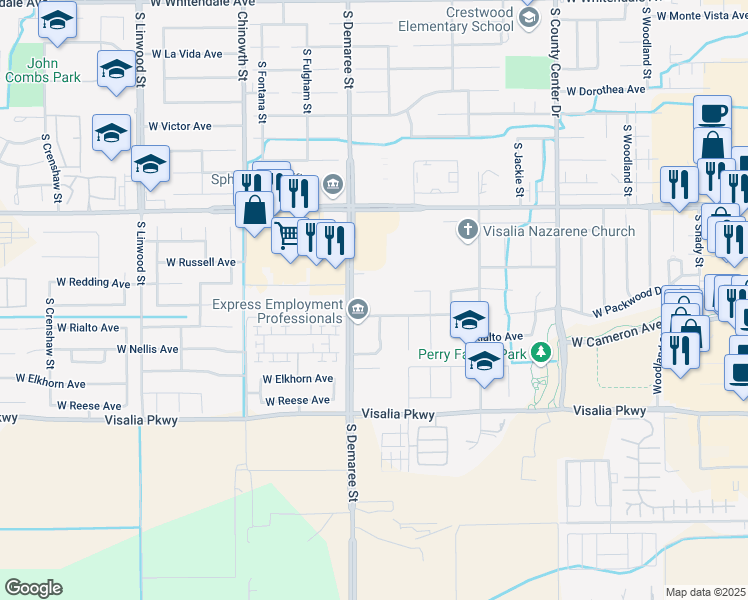 map of restaurants, bars, coffee shops, grocery stores, and more near 3610 West Packwood Avenue in Visalia