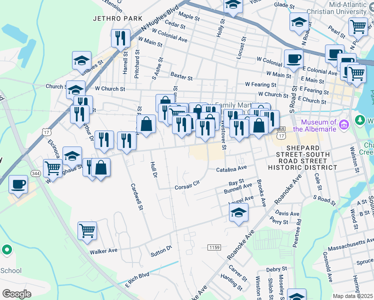 map of restaurants, bars, coffee shops, grocery stores, and more near 909 West Ehringhaus Street in Elizabeth City
