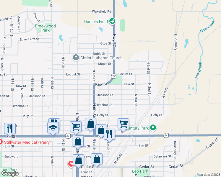 map of restaurants, bars, coffee shops, grocery stores, and more near 1007 North 5th Street in Perry