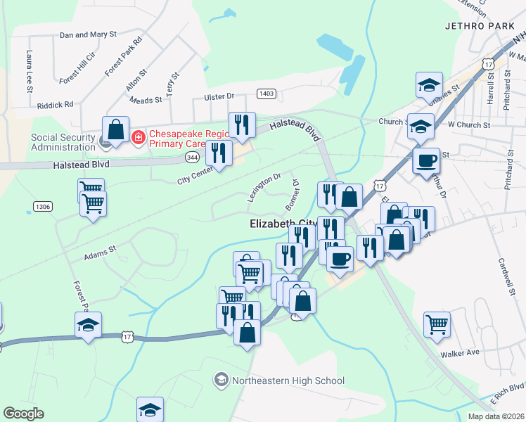 map of restaurants, bars, coffee shops, grocery stores, and more near 1716 Providence Road in Elizabeth City