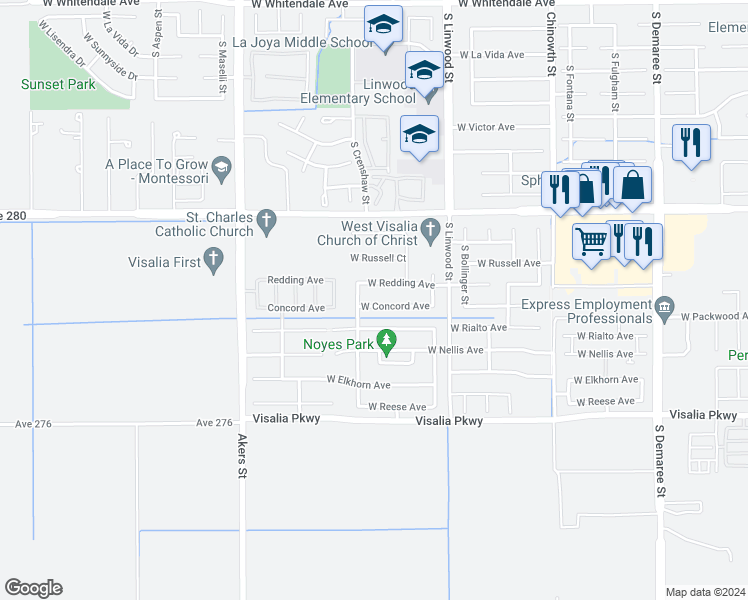 map of restaurants, bars, coffee shops, grocery stores, and more near 4806 West Concord Avenue in Visalia