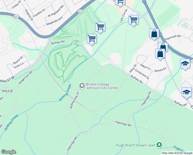 map of restaurants, bars, coffee shops, grocery stores, and more near 601 Rolling Hills Drive in Johnson City