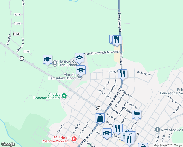 map of restaurants, bars, coffee shops, grocery stores, and more near 992 East Troy Street in Ahoskie