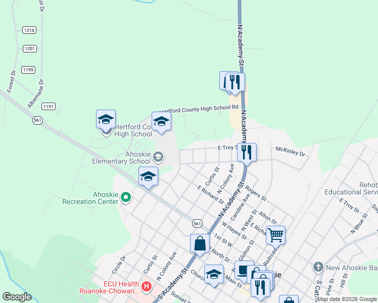 map of restaurants, bars, coffee shops, grocery stores, and more near 992 East Troy Street in Ahoskie