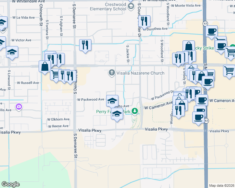 map of restaurants, bars, coffee shops, grocery stores, and more near 3102 West Loyola Court in Visalia