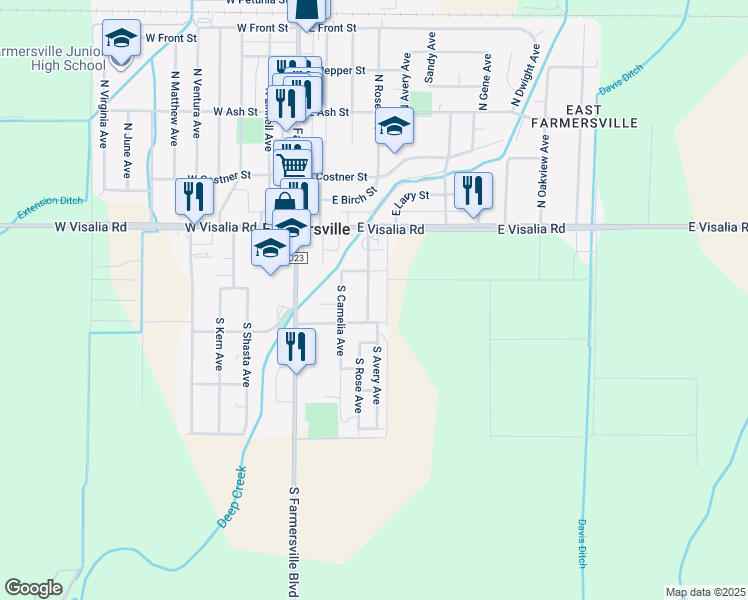 map of restaurants, bars, coffee shops, grocery stores, and more near 380 South Rose Avenue in Farmersville