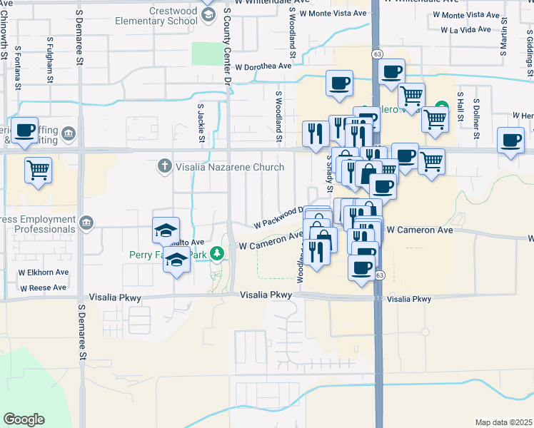 map of restaurants, bars, coffee shops, grocery stores, and more near 3918 South Verde Vista Street in Visalia