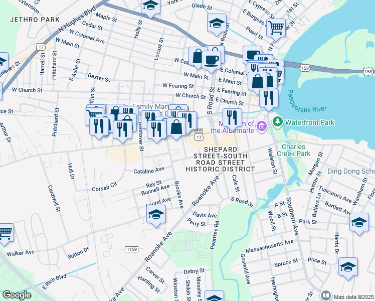 map of restaurants, bars, coffee shops, grocery stores, and more near 514 Madrin Street in Elizabeth City