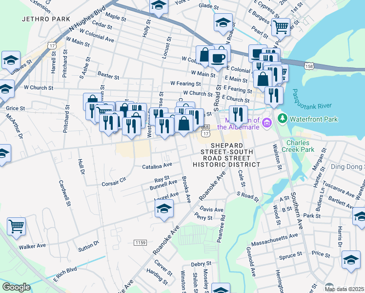 map of restaurants, bars, coffee shops, grocery stores, and more near 510 Brooks Avenue in Elizabeth City