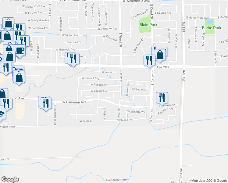 map of restaurants, bars, coffee shops, grocery stores, and more near 599 West Loyola Avenue in Visalia