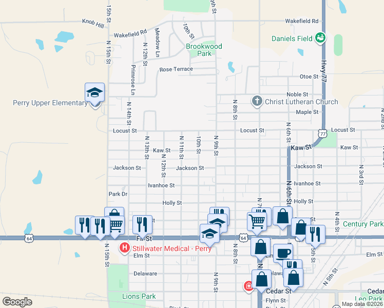 map of restaurants, bars, coffee shops, grocery stores, and more near 1011 Kaw Street in Perry