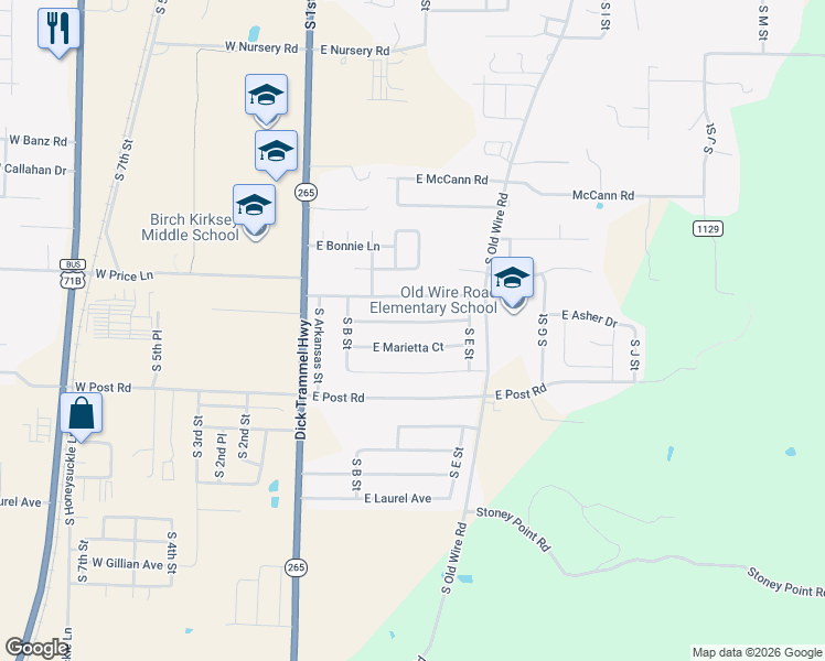 map of restaurants, bars, coffee shops, grocery stores, and more near 320 East Asher Court in Rogers