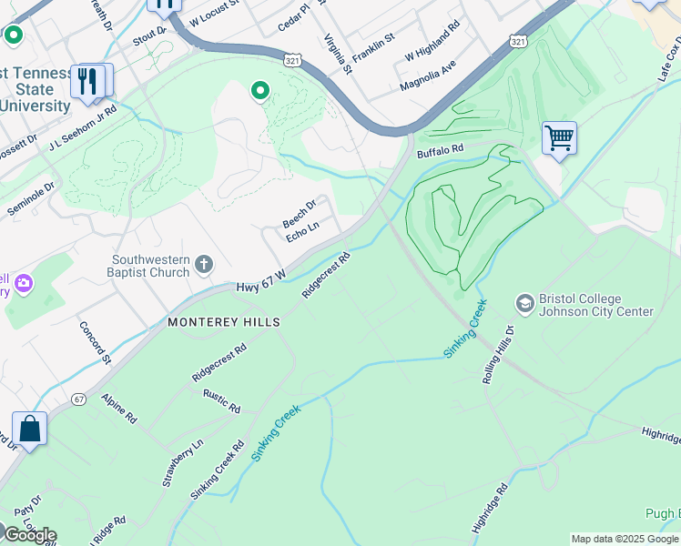 map of restaurants, bars, coffee shops, grocery stores, and more near 1901 Pleasant View Drive in Johnson City