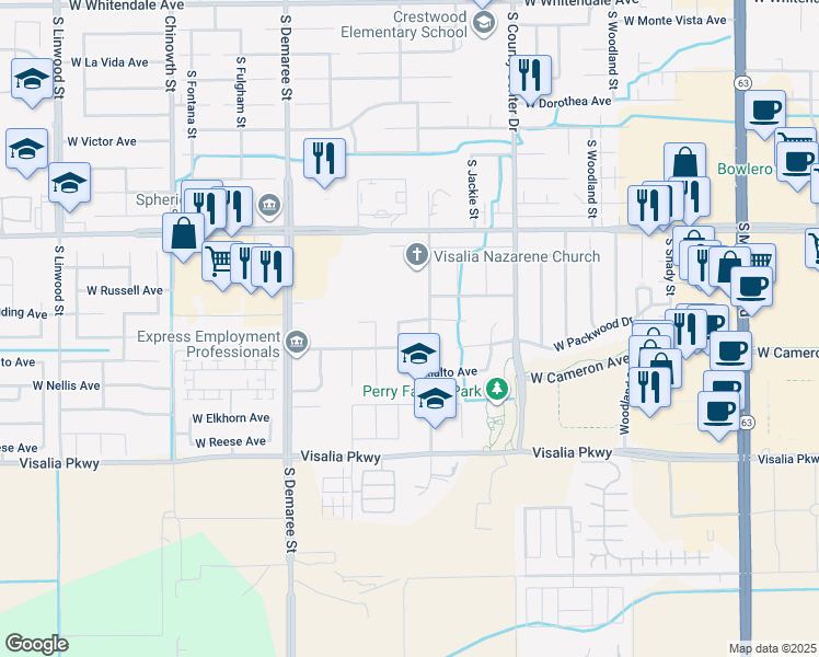 map of restaurants, bars, coffee shops, grocery stores, and more near 3237 West Loyola Avenue in Visalia