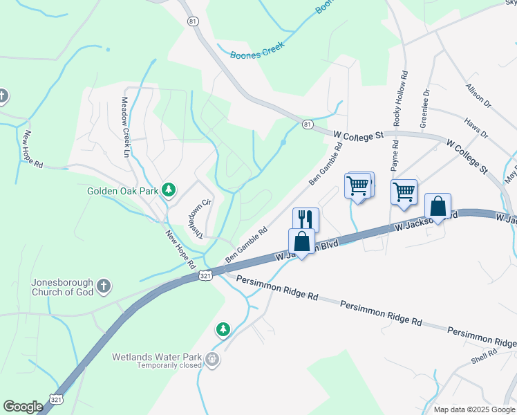 map of restaurants, bars, coffee shops, grocery stores, and more near 1406 Ben Gamble Road in Jonesborough