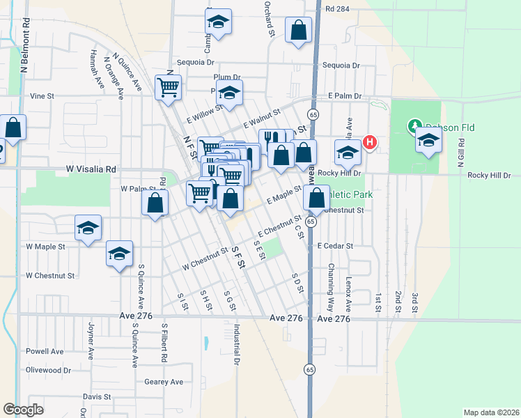map of restaurants, bars, coffee shops, grocery stores, and more near 200 South D Street in Exeter