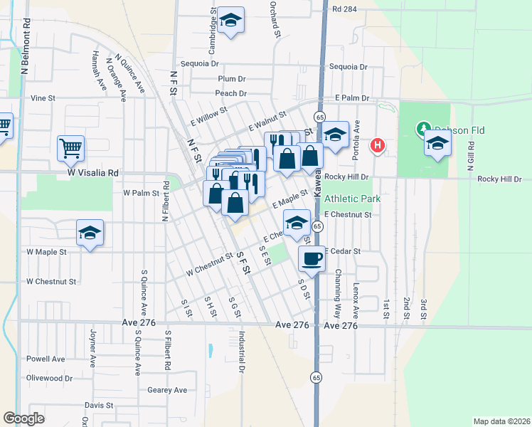 map of restaurants, bars, coffee shops, grocery stores, and more near 200 South D Street in Exeter
