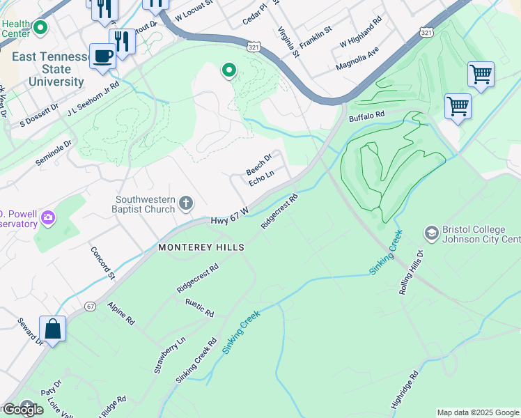 map of restaurants, bars, coffee shops, grocery stores, and more near 915 Cherokee Road in Johnson City
