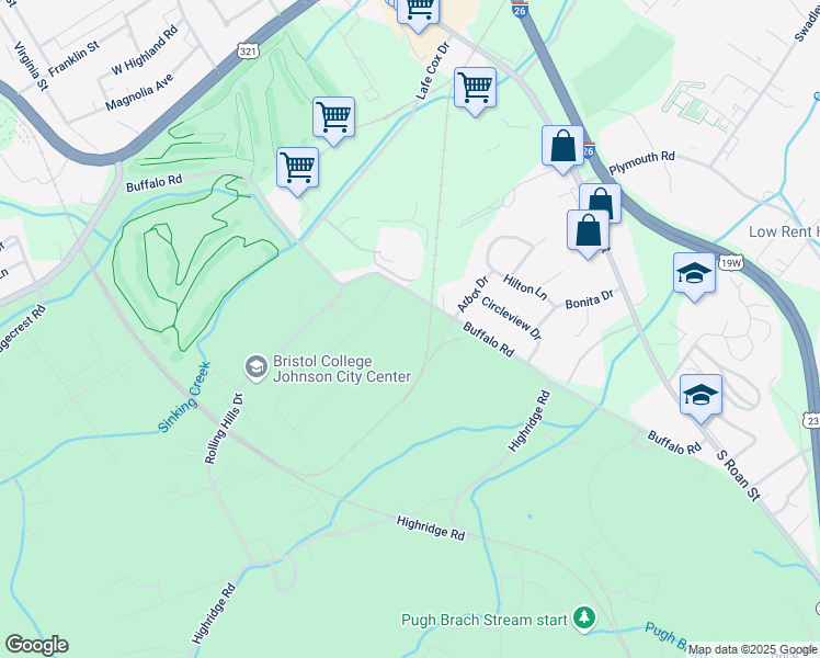 map of restaurants, bars, coffee shops, grocery stores, and more near 2212 Buffalo Rd in Johnson City