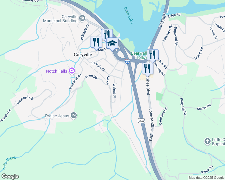 map of restaurants, bars, coffee shops, grocery stores, and more near 231 Hill Lane in Rocky Top