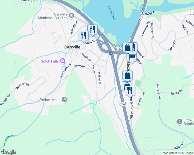 map of restaurants, bars, coffee shops, grocery stores, and more near 231 Hill Lane in Rocky Top