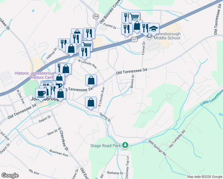 map of restaurants, bars, coffee shops, grocery stores, and more near 212 Main Street Village Drive in Jonesborough
